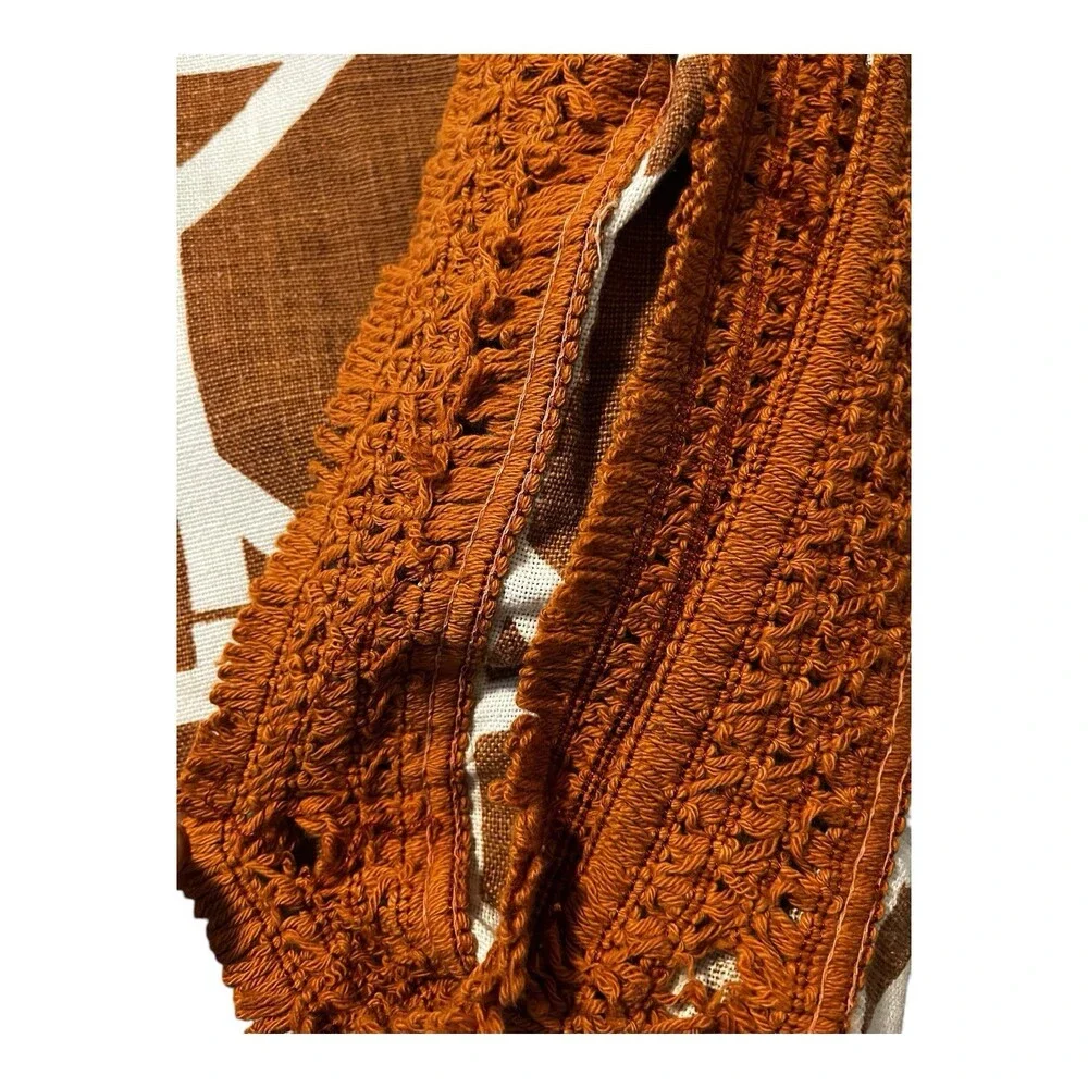 VTG 70s Bates Cotton Bedspread Brown White Boho Lattice Crochet Trim Queen
